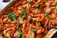 One-Pan Vegan Chicken Cacciatore Pasta Bake