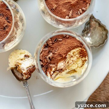 Tiramisu cups on a platter. One has a bite removed sitting on a spoon.
