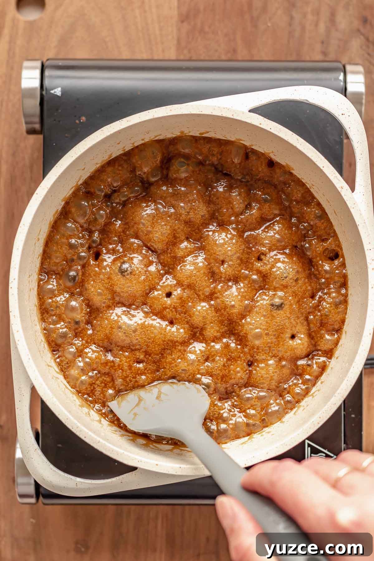 Salted Bourbon Caramel Candies: Sticky Sweet Whiskey Caramels 6 Bubbling butter and sugar in a pan.
