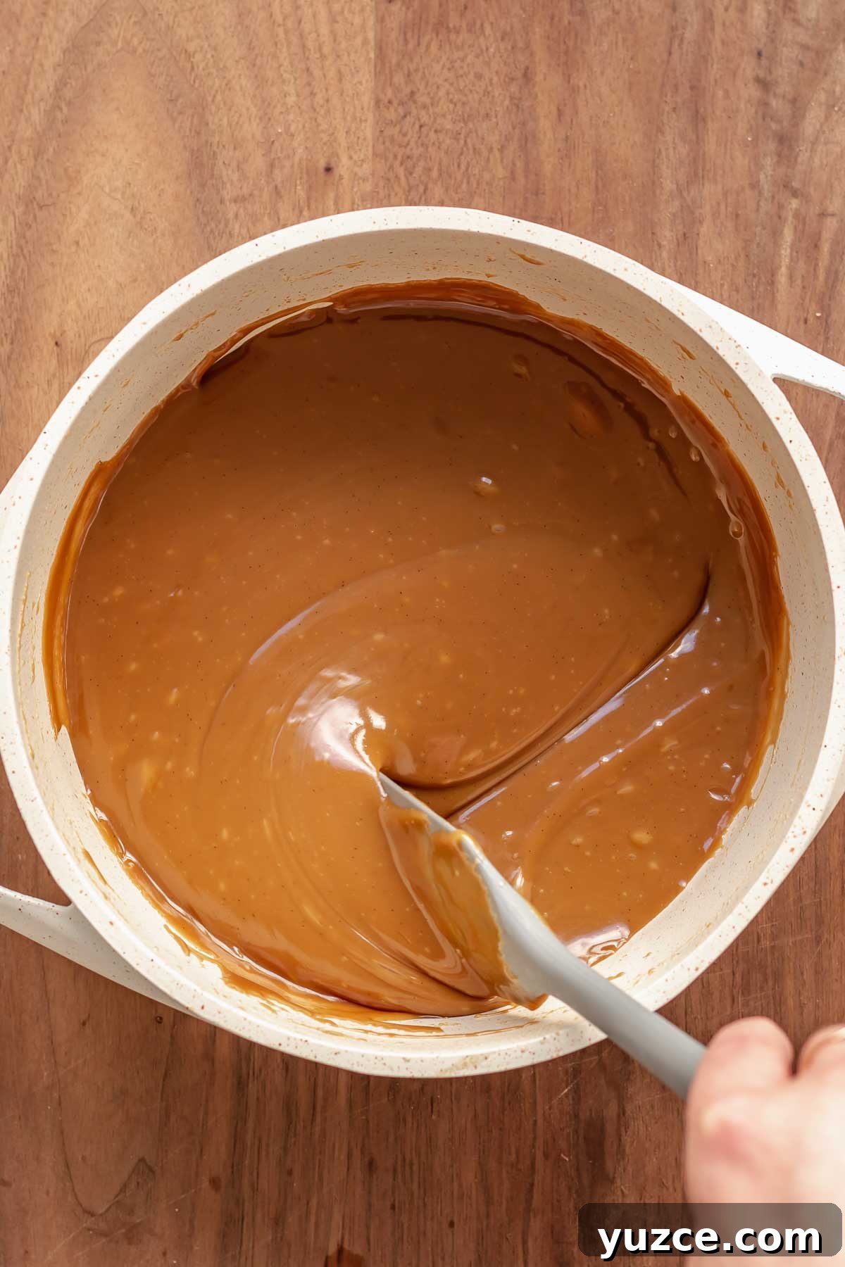 Salted Bourbon Caramel Candies: Sticky Sweet Whiskey Caramels 9 Smooth, finished caramel in a pot.