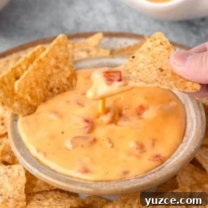 Creamy Velveeta Cheese Dip Recipe for Parties and Game Day 10 Cheese dip in a small bowl with a chip dripping cheese off.