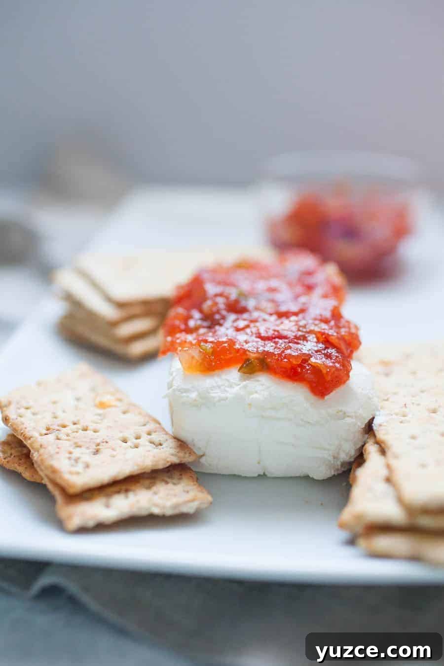 Sweet Pepper Jelly and Cream Cheese Dip Recipe for Entertaining 4 A plate with a block of cream cheese topped with pepper jelly, surrounded by saltine crackers.
