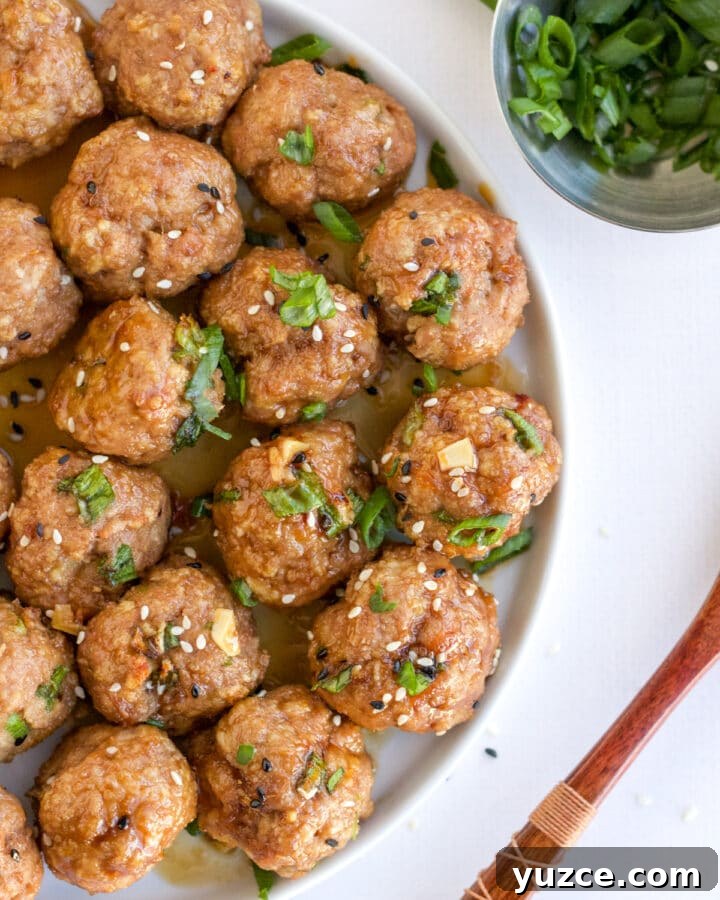 white plate of turkey meatballs topped with scallions and sesame seeds