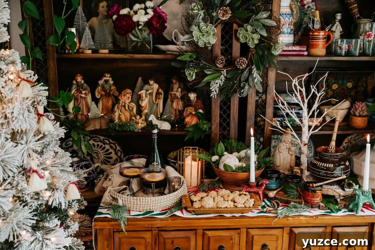 How to Host a Tamalada: Step-by-Step Tamal-Making Party Guide 8 tamalada buffet with drinks, cookies, and snacks next to a white flocked christmas tree decorated with homemade tamale-shaped ornaments.