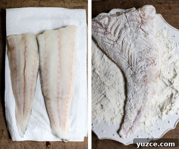 Crispy Gluten-Free Fish and Chips Recipe for Home Cooking 4 Two image side by side of fresh cod fillet, one is covered in flour