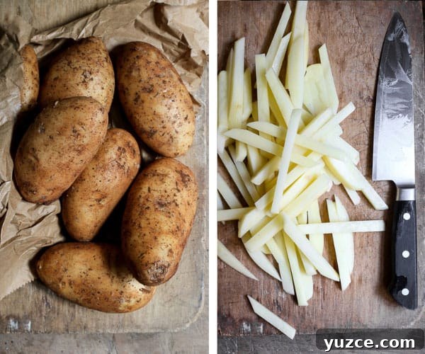 Crispy Gluten-Free Fish and Chips Recipe for Home Cooking 6 Two images side by side of potatoes and cut potatoes