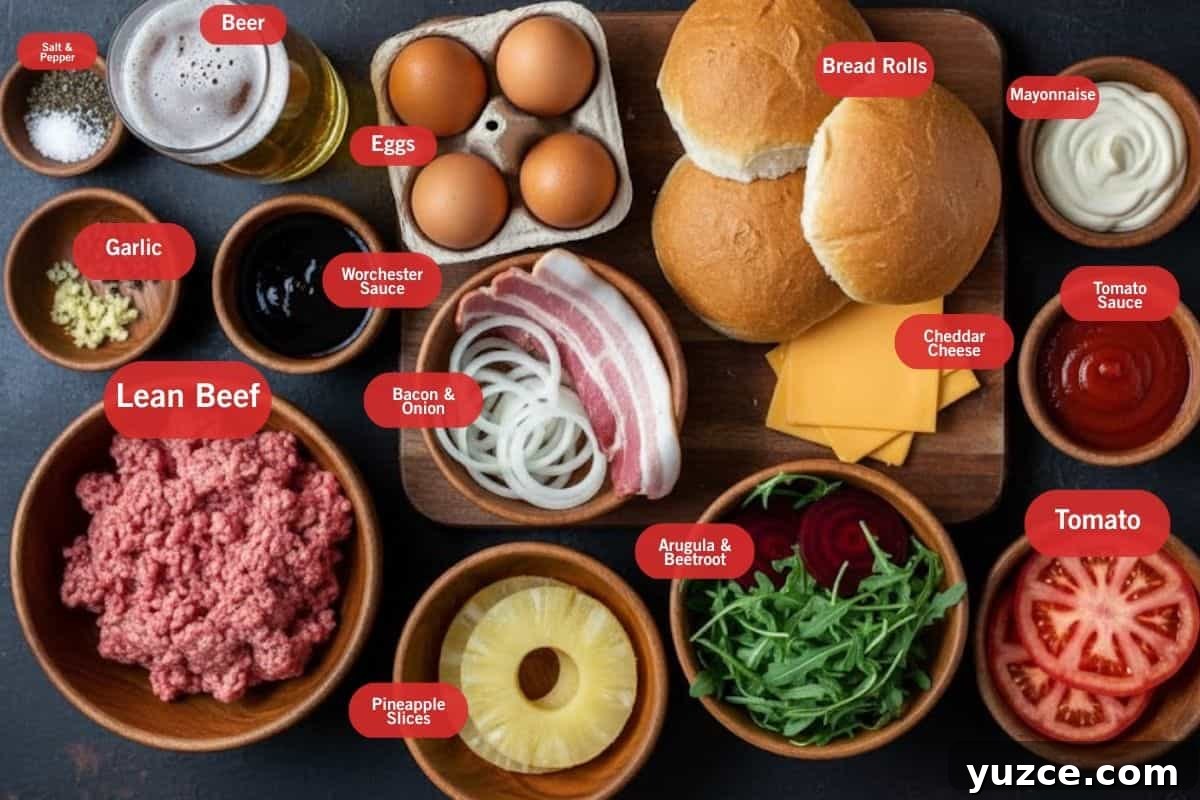 Aussie Drunken Burger Recipe: Beer-Braised Beef with Caramelized Onions 3 Flat lay photo of ingredient shot of salt and pepper. beer, eggs, bread rolls, cheddar cheese, mayonnaise, tomato sauce, arugula and beetroot, tomato, pineapple slices, lean beef, garlic, Worcester sauce