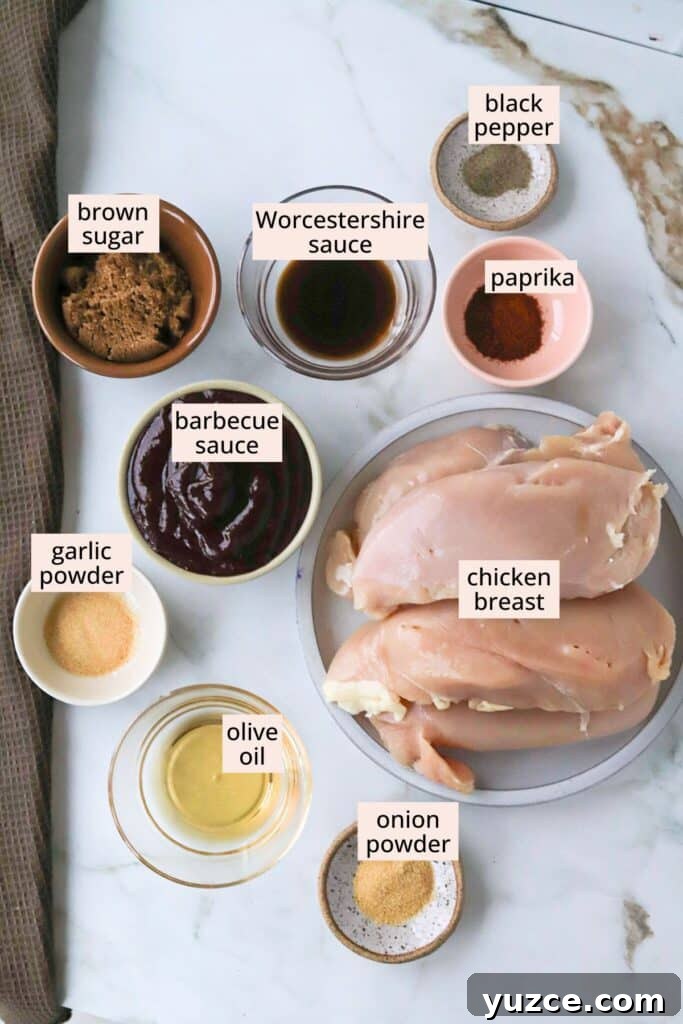 Ingredients for brown sugar BBQ chicken on a countertop with labels.