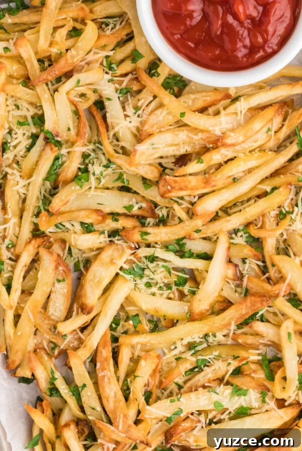 Crispy Air Fryer Home Fries Recipe for Breakfast or Brunch 14 Overhead shot of truffle fries on a serving platter with a side of ketchup in a bowl.