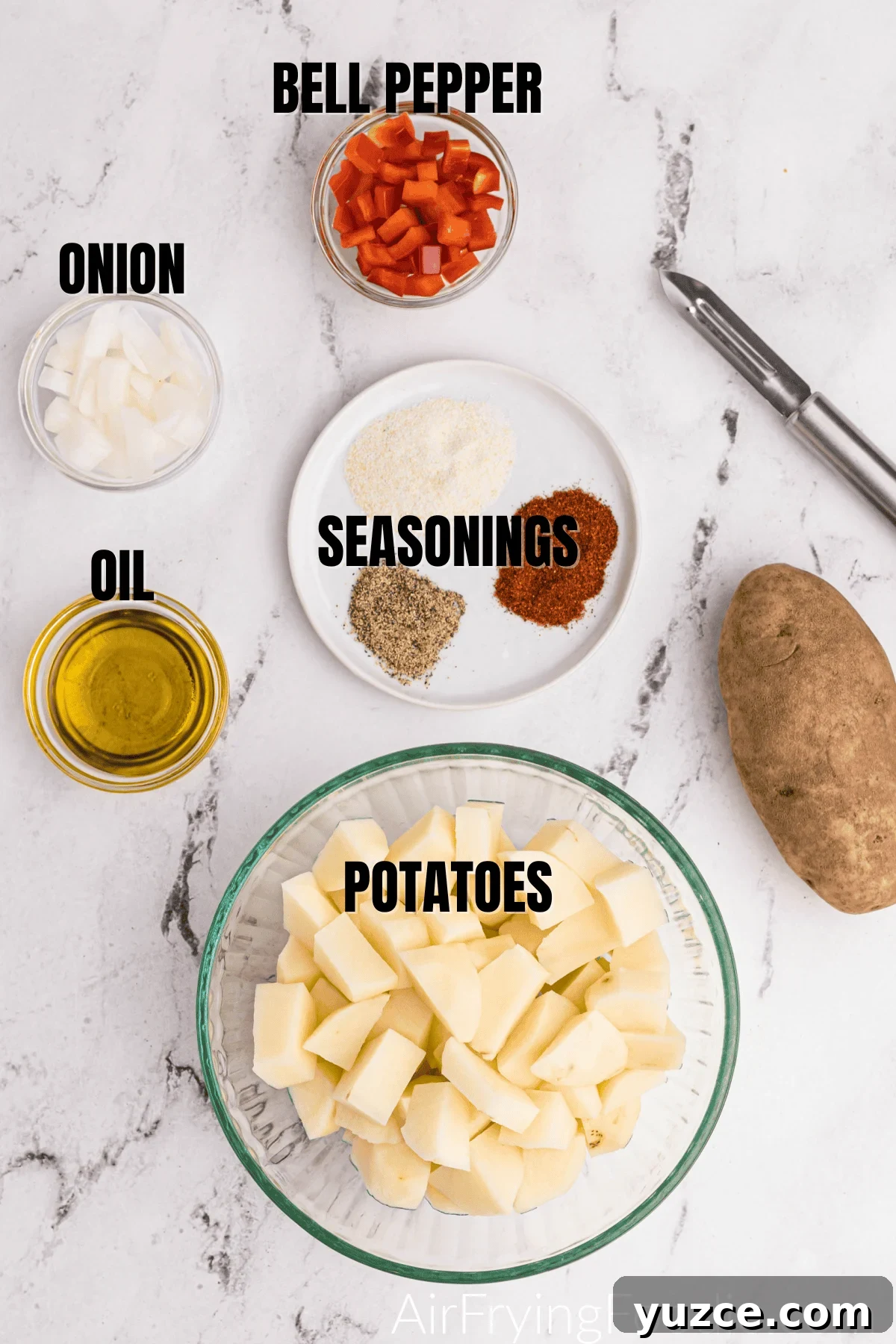 Crispy Air Fryer Home Fries Recipe for Breakfast or Brunch 4 Ingredients portioned out to make home fries.