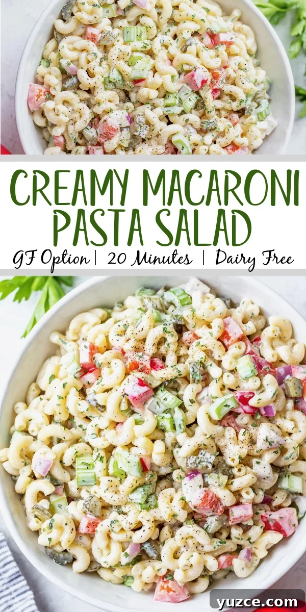 This easy, creamy macaroni salad is a flavorful pasta salad side dish that is the perfect combination of sweet and tart. The mayo based dressing is simple and not too overpowering, and it's sure to be a hit at every potluck or BBQ this summer! Made with sweet pickles, red onion, celery and red pepper, it can be made gluten free, dairy free, vegan and in under 30 minutes! #creamypastasalad #veganmacaronisalad #macaronisalad #sidedish This easy, creamy macaroni salad is a flavorful pasta salad side dish that is the perfect combination of sweet and tart. The mayo based dressing is simple and not too overpowering, and it's sure to be a hit at every potluck or BBQ this summer! Made with sweet pickles, red onion, celery and red pepper, it can be made gluten free, dairy free, vegan and in under 30 minutes! #creamypastasalad #veganmacaronisalad #macaronisalad #sidedish
