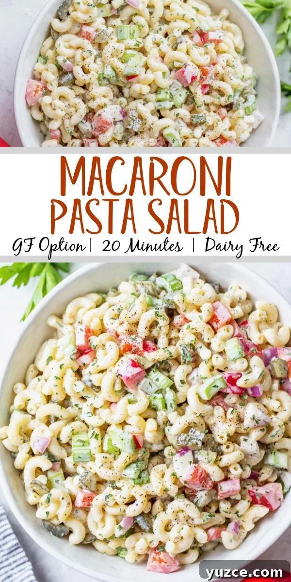 This easy, creamy macaroni salad is a flavorful pasta salad side dish that is the perfect combination of sweet and tart. The mayo based dressing is simple and not too overpowering, and it's sure to be a hit at every potluck or BBQ this summer! Made with sweet pickles, red onion, celery and red pepper, it can be made gluten free, dairy free, vegan and in under 30 minutes! #creamypastasalad #veganmacaronisalad #macaronisalad #sidedish This easy, creamy macaroni salad is a flavorful pasta salad side dish that is the perfect combination of sweet and tart. The mayo based dressing is simple and not too overpowering, and it's sure to be a hit at every potluck or BBQ this summer! Made with sweet pickles, red onion, celery and red pepper, it can be made gluten free, dairy free, vegan and in under 30 minutes! #creamypastasalad #veganmacaronisalad #macaronisalad #sidedish