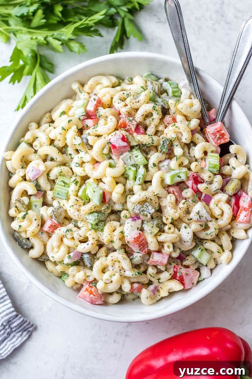 This easy, creamy macaroni salad is a flavorful pasta salad side dish that is the perfect combination of sweet and tart. The mayo based dressing is simple and not too overpowering, and it's sure to be a hit at every potluck or BBQ this summer! Made with sweet pickles, red onion, celery and red pepper, it can be made gluten free, dairy free, vegan and in under 30 minutes! #creamypastasalad #veganmacaronisalad #macaronisalad #sidedish This easy, creamy macaroni salad is a flavorful pasta salad side dish that is the perfect combination of sweet and tart. The mayo based dressing is simple and not too overpowering, and it's sure to be a hit at every potluck or BBQ this summer! Made with sweet pickles, red onion, celery and red pepper, it can be made gluten free, dairy free, vegan and in under 30 minutes! #creamypastasalad #veganmacaronisalad #macaronisalad #sidedish