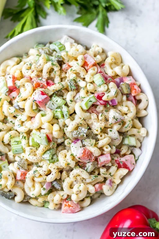 This easy, creamy macaroni salad is a flavorful pasta salad side dish that is the perfect combination of sweet and tart. The mayo based dressing is simple and not too overpowering, and it's sure to be a hit at every potluck or BBQ this summer! Made with sweet pickles, red onion, celery and red pepper, it can be made gluten free, dairy free, vegan and in under 30 minutes! #creamypastasalad #veganmacaronisalad #macaronisalad #sidedish This easy, creamy macaroni salad is a flavorful pasta salad side dish that is the perfect combination of sweet and tart. The mayo based dressing is simple and not too overpowering, and it's sure to be a hit at every potluck or BBQ this summer! Made with sweet pickles, red onion, celery and red pepper, it can be made gluten free, dairy free, vegan and in under 30 minutes! #creamypastasalad #veganmacaronisalad #macaronisalad #sidedish