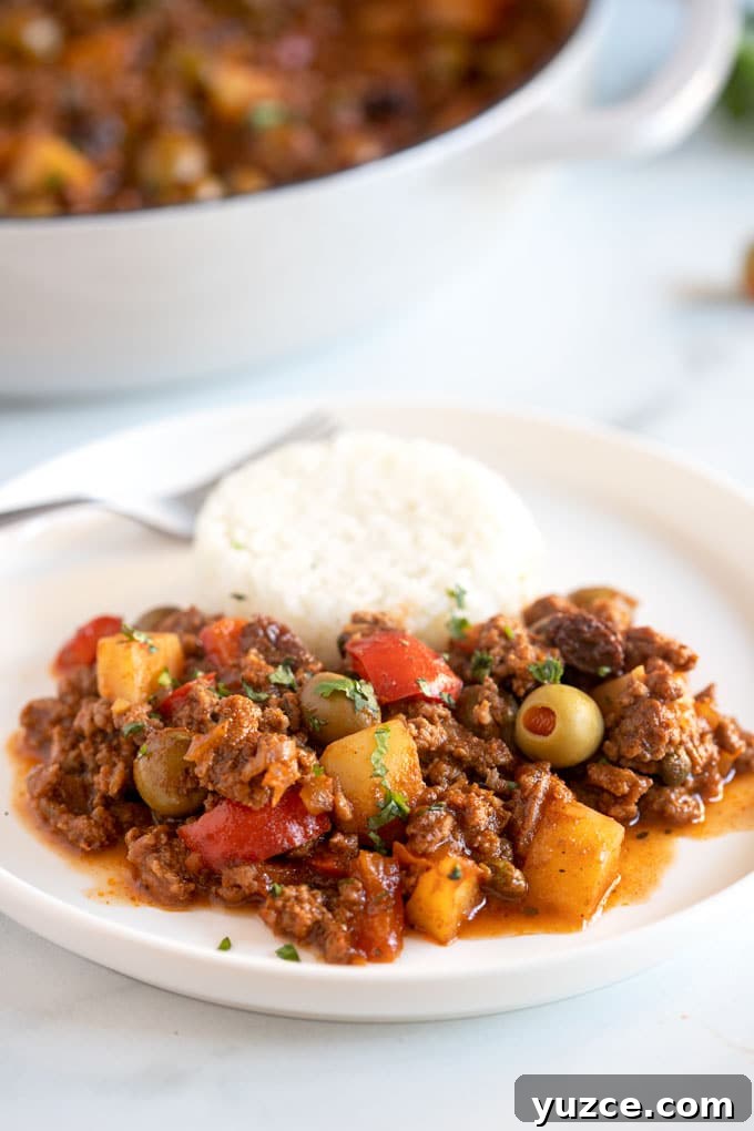 Authentic Cuban Picadillo Recipe with Sofrito and Raisins 3 A plate of Cuban picadillo served with white rice