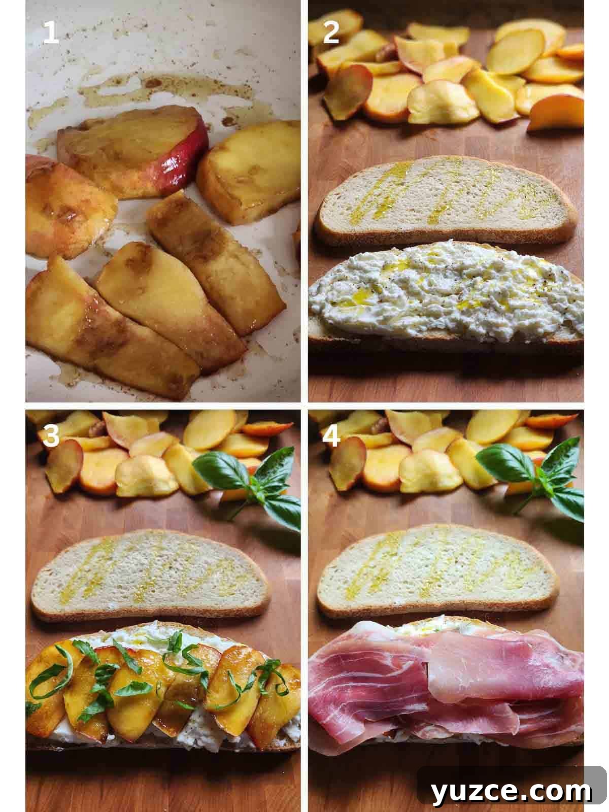 Peach, Prosciutto & Burrata Panini Recipe for Summer Sandwiches 4 A collage of four images showing how to make a peach panini.