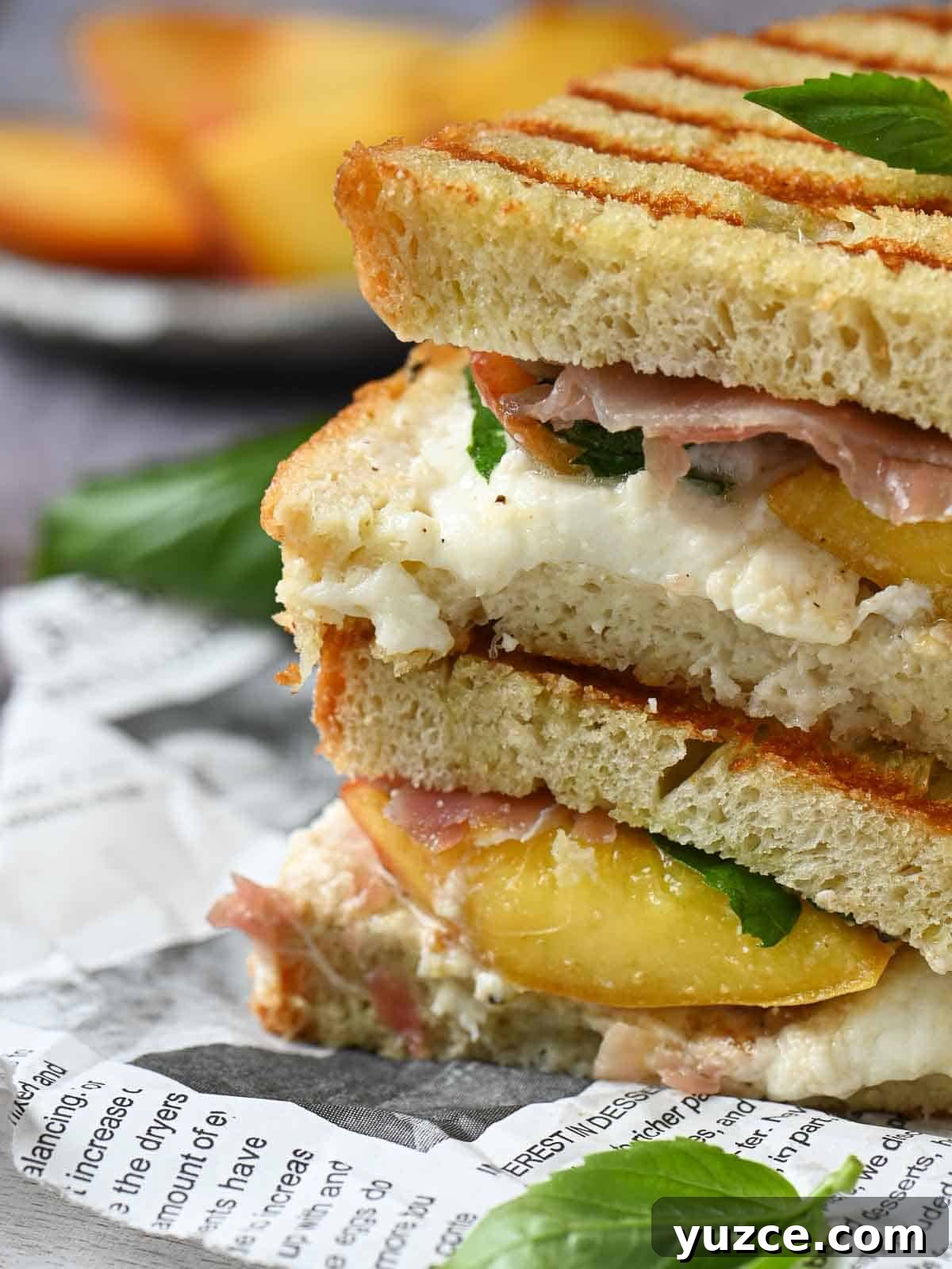Peach, Prosciutto & Burrata Panini Recipe for Summer Sandwiches 6 Close-up of peach panini with basil and burrata.