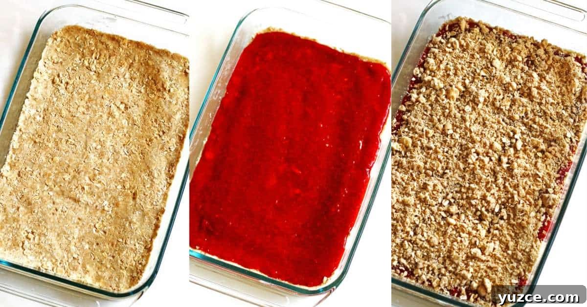 Strawberry Rhubarb Crumble Bars Recipe — Sweet Tart Dessert Bars 6 A collage of images showing how to layer the filling in strawberry rhubarb crumble bars.