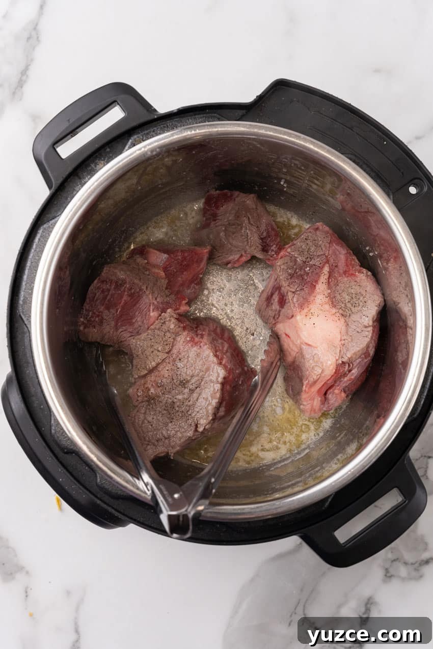 Instant Pot Birria Tacos Recipe: Flavorful Homemade Birria 5 seasoned beef roast in the bowl of an instant pot