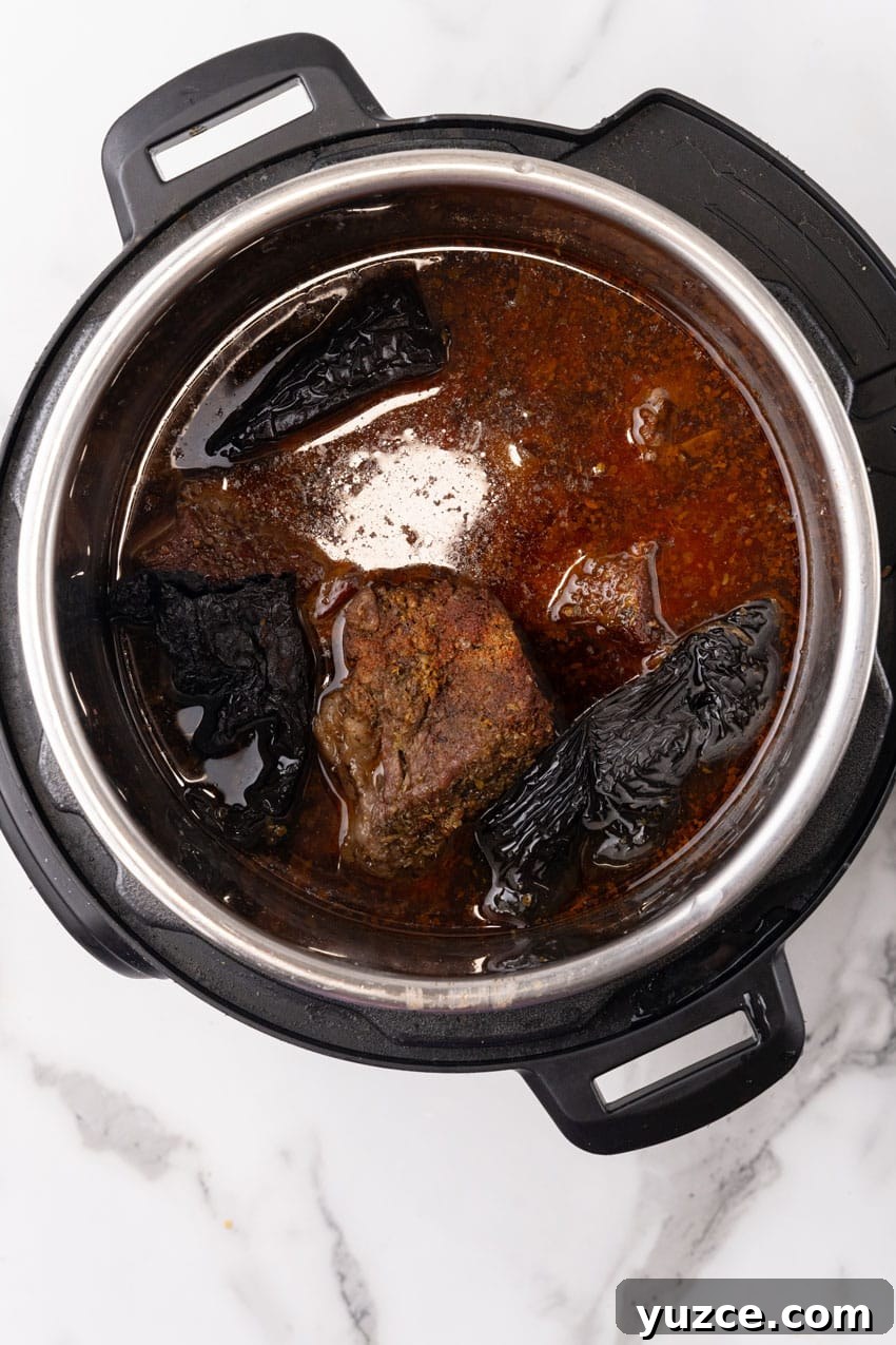 Instant Pot Birria Tacos Recipe: Flavorful Homemade Birria 7 birria taco meat in the bowl of an instant pot