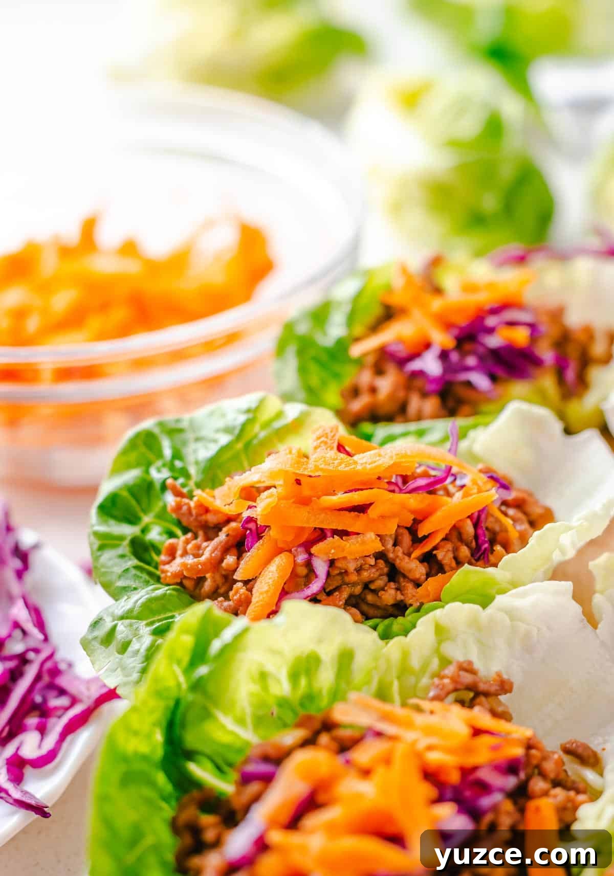 Ground Beef Lettuce Wraps with Hoisin Lime Sauce 9 Profile view of three lettuce wraps with ground beef with one in the middle, in focus.
