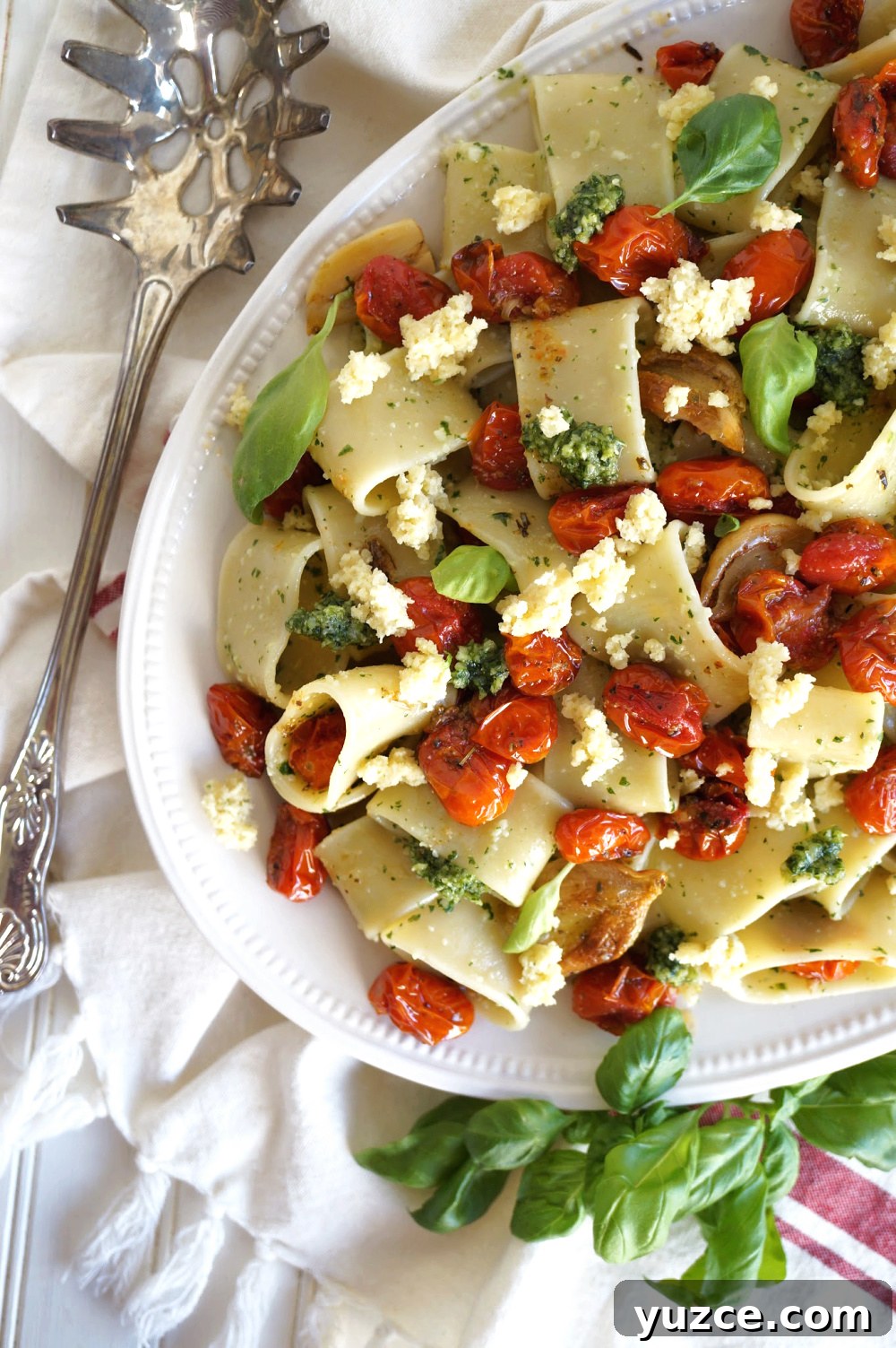 Vegan Pesto Pasta with Roasted Tomatoes & Almond Ricotta 3 overhead shot of half plate of pasta