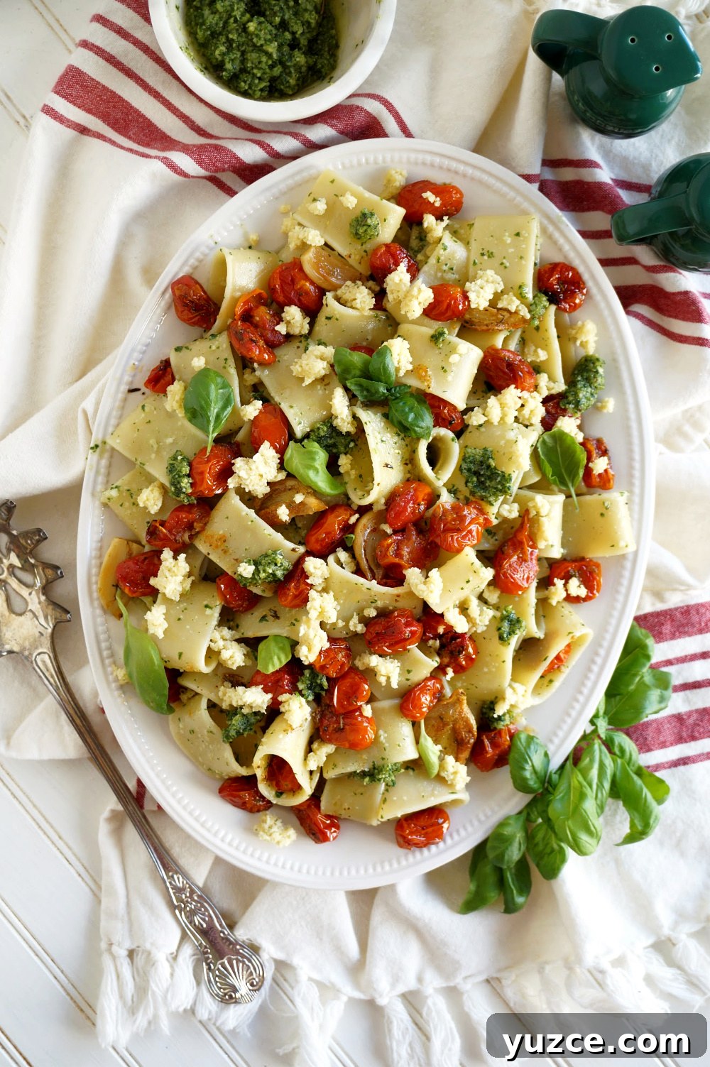 Vegan Pesto Pasta with Roasted Tomatoes & Almond Ricotta 4 overhead shot of vegan pesto pasta