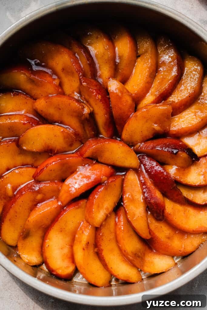 A close-up of the spirals of peach slices in the cake pan.