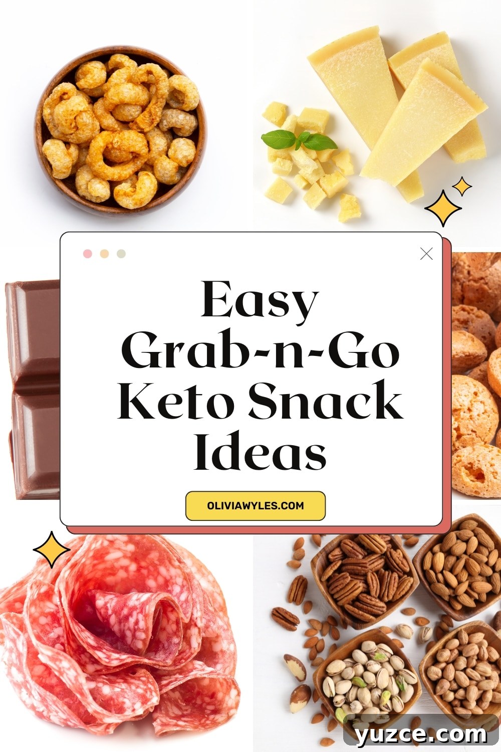 keto store-bought snack ideas like pork rinds, salami, nuts, cheese, mini cookies, and chocolate