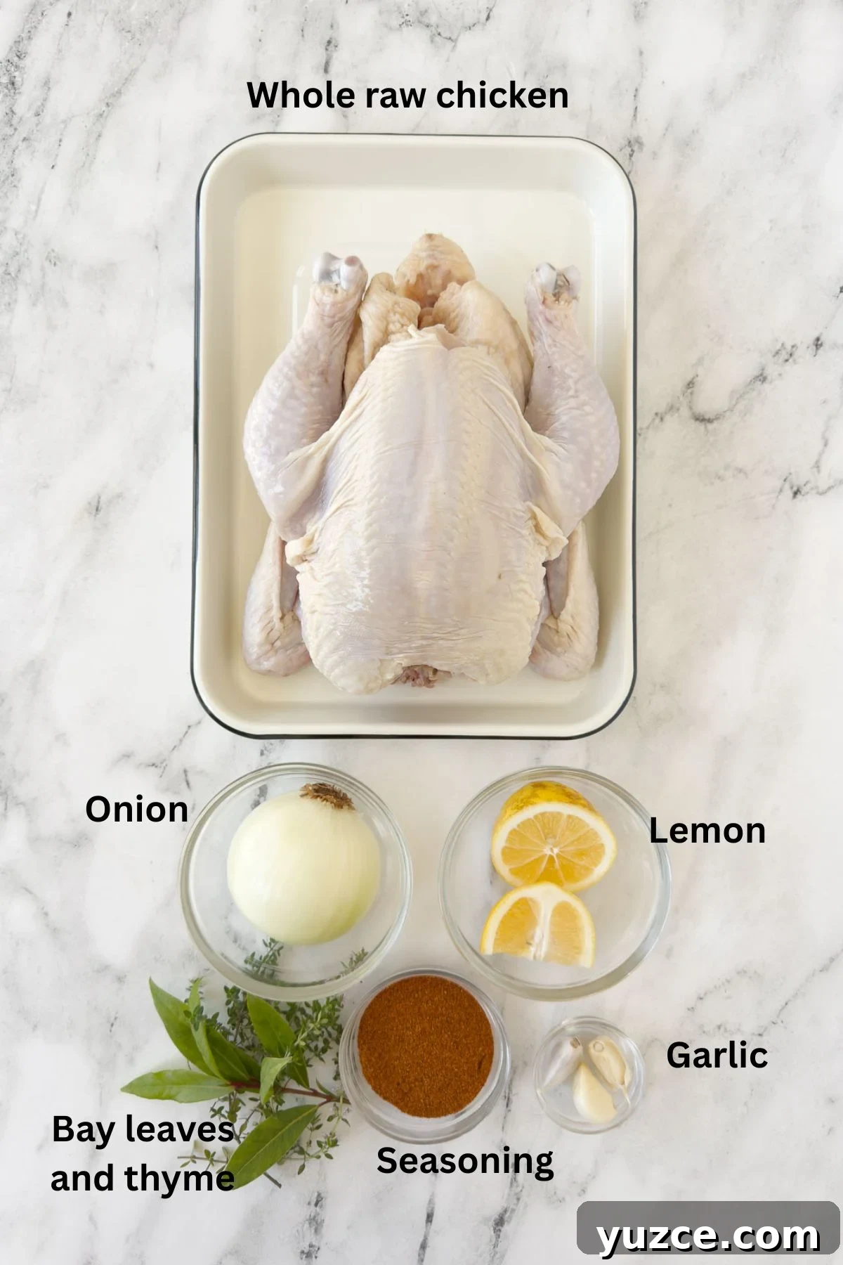 Perfectly Grilled Rotisserie Chicken: Tips for Juicy, Crispy Results 3 Ingredient for rotisserie chicken with a whole raw chicken, onion, lemon, herbs, and seasoning.