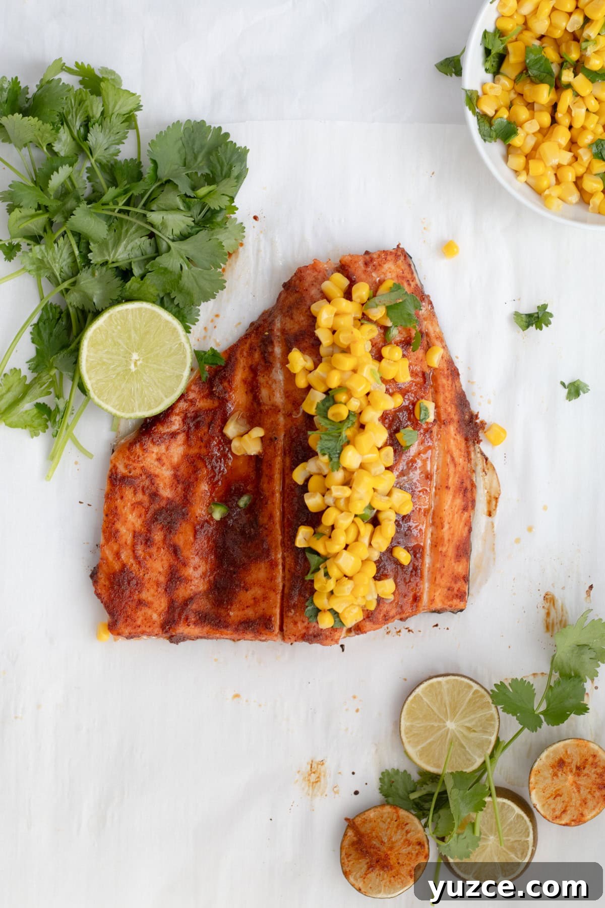 20-Minute Baked Chili-Lime Salmon Recipe 2 piece of chili lime salmon with corn on top with limes and cilantro