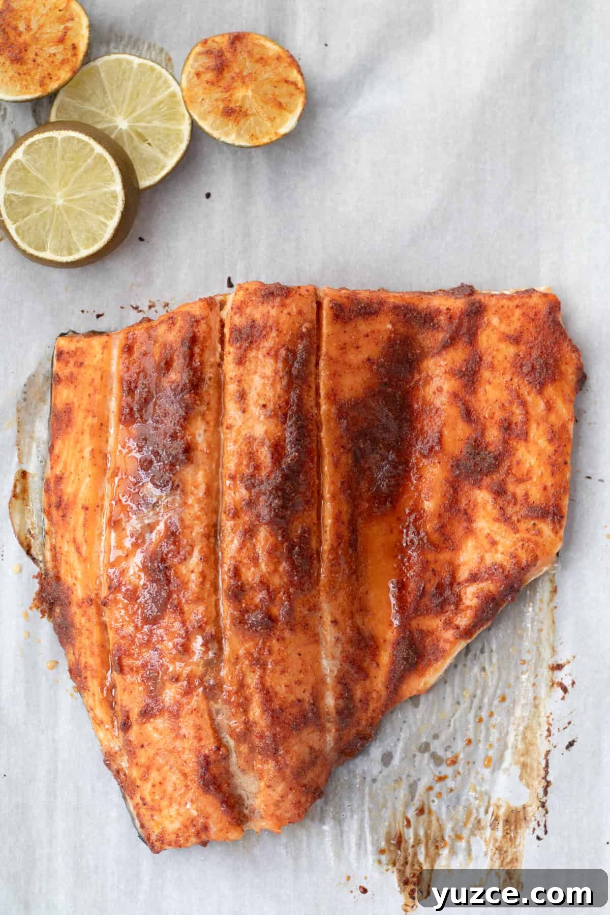 20-Minute Baked Chili-Lime Salmon Recipe 5 baked chili lime salmon on a parchment lined sheet pan with limes