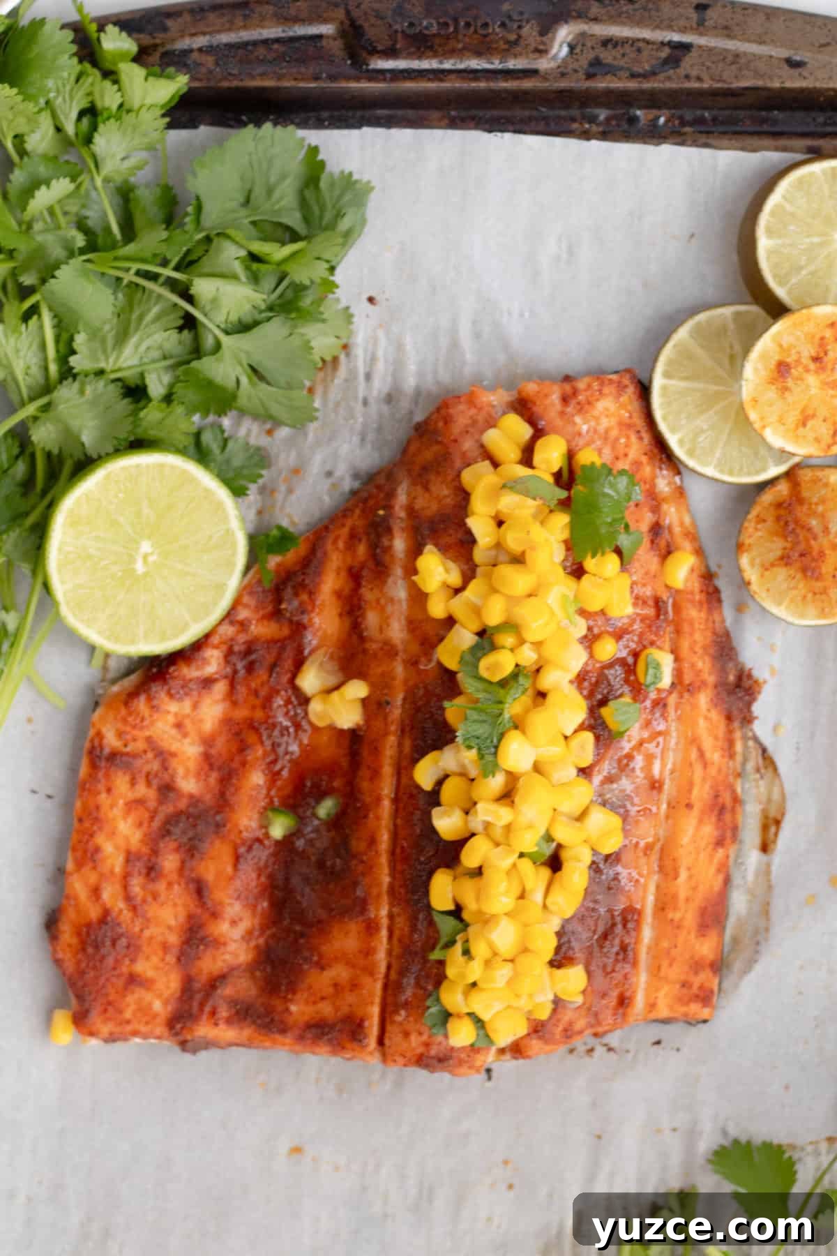 20-Minute Baked Chili-Lime Salmon Recipe 6 piece of chili lime salmon on a baking sheet with corn on top with limes and cilantro