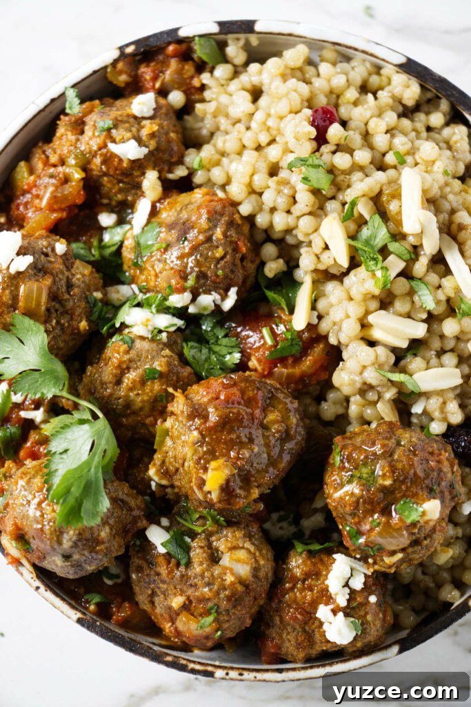 Moroccan Spiced Lamb Meatballs with Tomato Sauce 2 Moroccan lamb meatballs in a bowl with orzo.