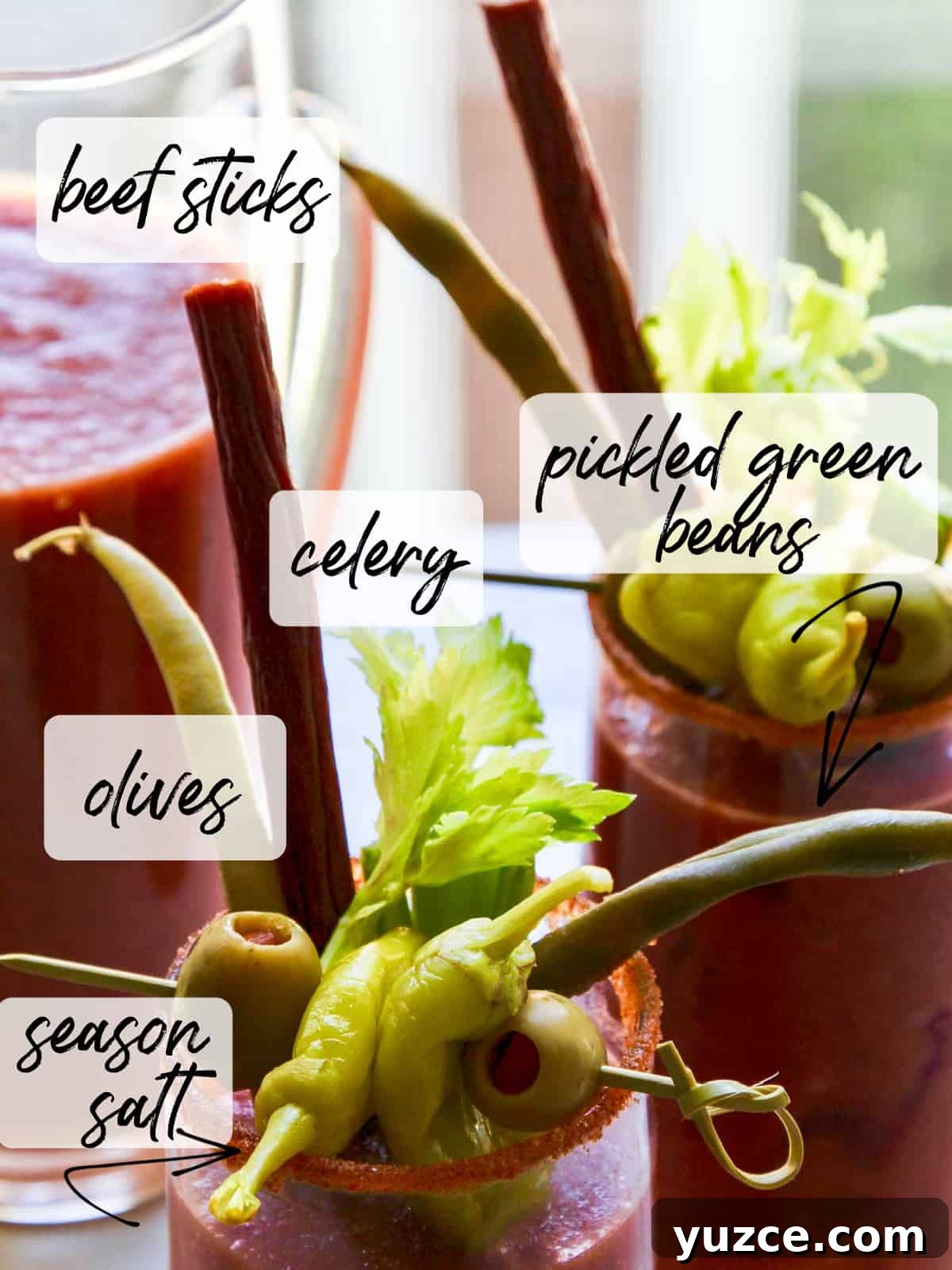 Dilly Pickled Green Beans Recipe: Classic Refrigerator Dilly Beans 11 A pitcher of bloody marys with garnish ideas labeled.
