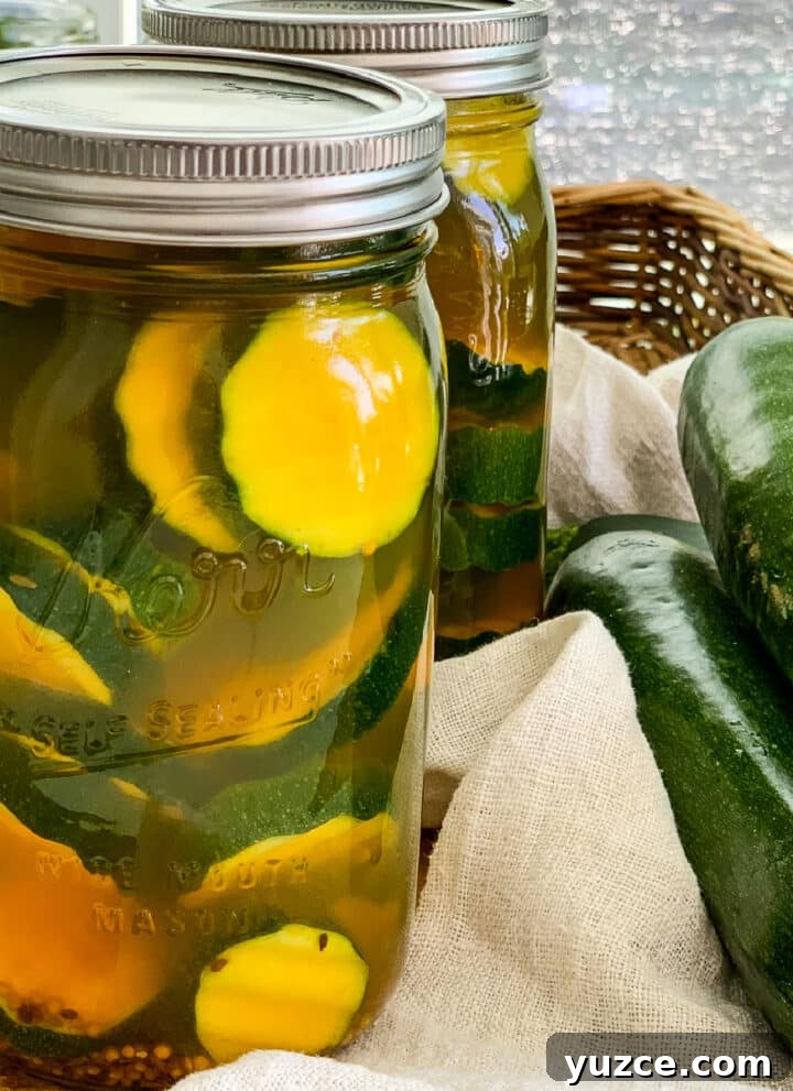 Close up of zucchini pickles in a quart glass mason jar.