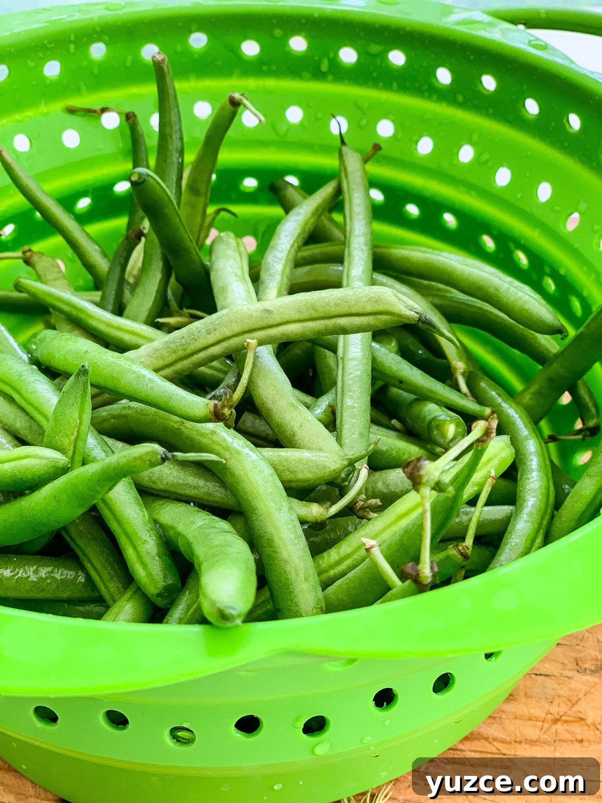 Dilly Pickled Green Beans Recipe: Classic Refrigerator Dilly Beans 3 A green colander full of fresh green beans.
