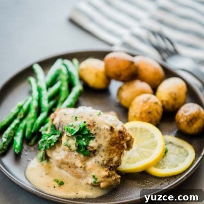 chicken thighs with lemon sauce, lemon slices, green beans and baby potatoes on a gray plate