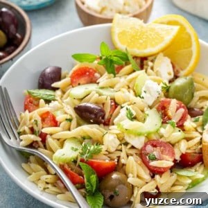 Greek Orzo Salad with Feta, Cucumber & Lemon Dressing 11 White plate of greek orzo salad garnished with wedges of lemon