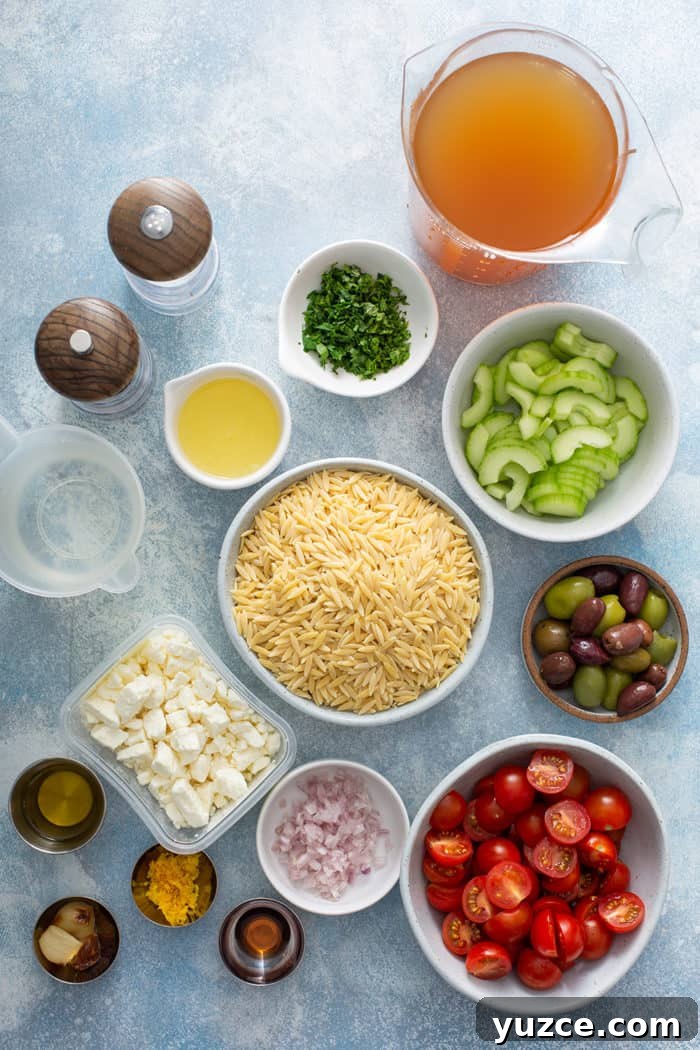 Greek Orzo Salad with Feta, Cucumber & Lemon Dressing 3 Ingredients for greek orzo salad arranged on a blue countertop