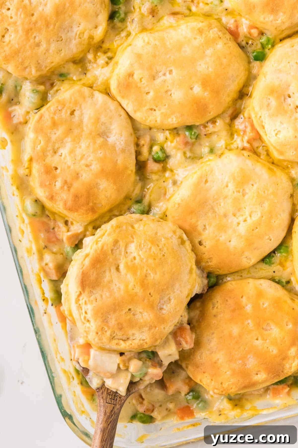 Chicken Pot Pie Casserole Topped with Golden Biscuits 9 Easy chicken pot pie casserole with biscuits being served with a large spoon