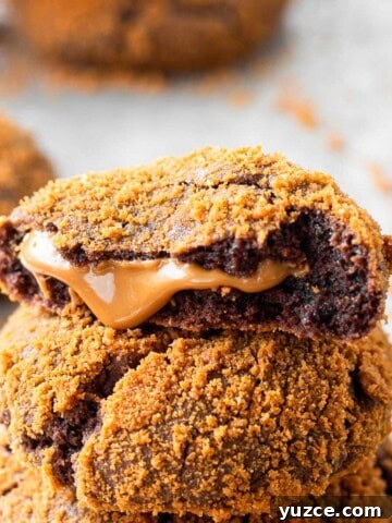 Baked biscoff filled chocolate cookie in half.