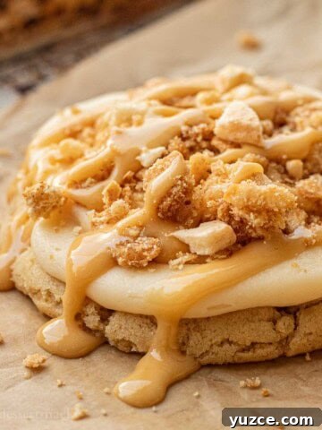 Baked caramel apple cookie on pan.