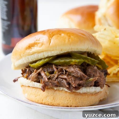 shredded beef with pickles on a brioche bun on a white plate.