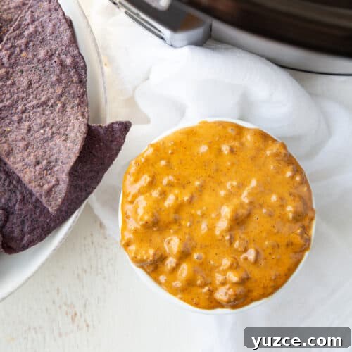 white ramekin of chili cheese dip next to a bowl of blue corn tortilla chips.