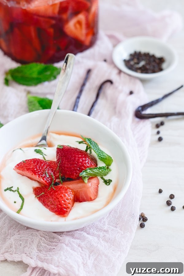 Vanilla Bean Pickled Strawberries: Sweet-Tart Preserved Berries 5 Pickled strawberries served over yogurt with fresh mint.