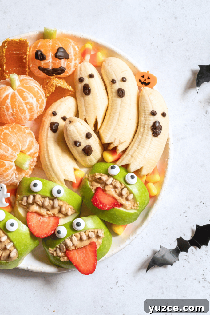 Gluten-Free Halloween Treats and Activities for Kids 8 banana ghosts, tangerine pumpkins, and apple monster mouths