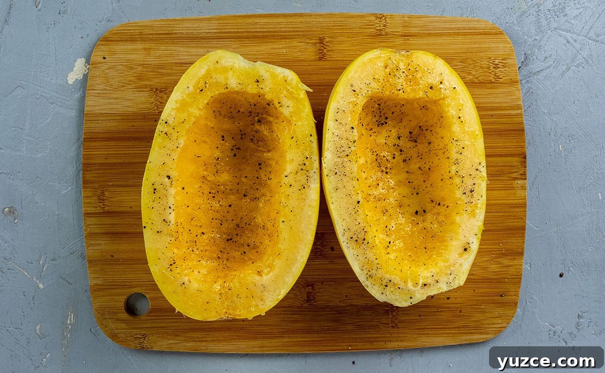 Cheesy Stuffed Spaghetti Squash Recipe with Italian Sausage 8 Spaghetti squash halves brush with olive oil and sprinkled with salt and pepper.