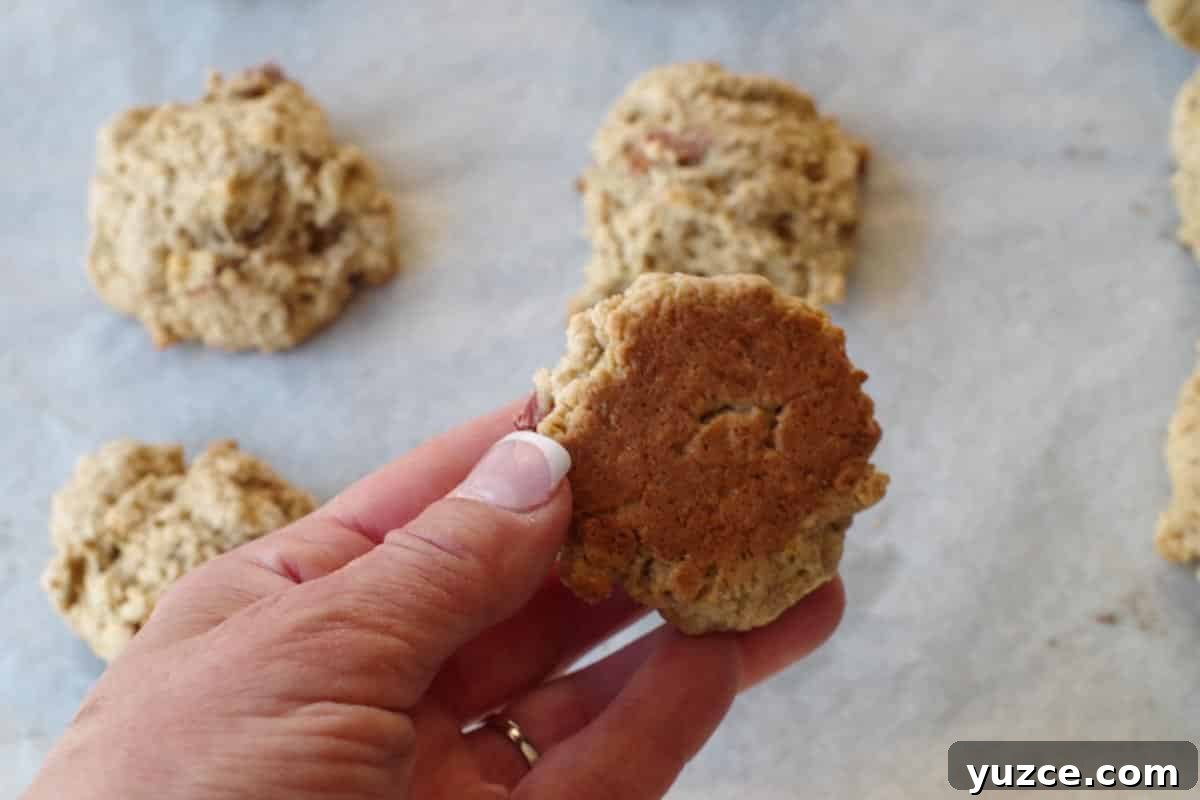 Brown Sugar Oatmeal Cookies with Tangy Rhubarb 13 hand holding up lightly browned on bottom rhubarb cookie