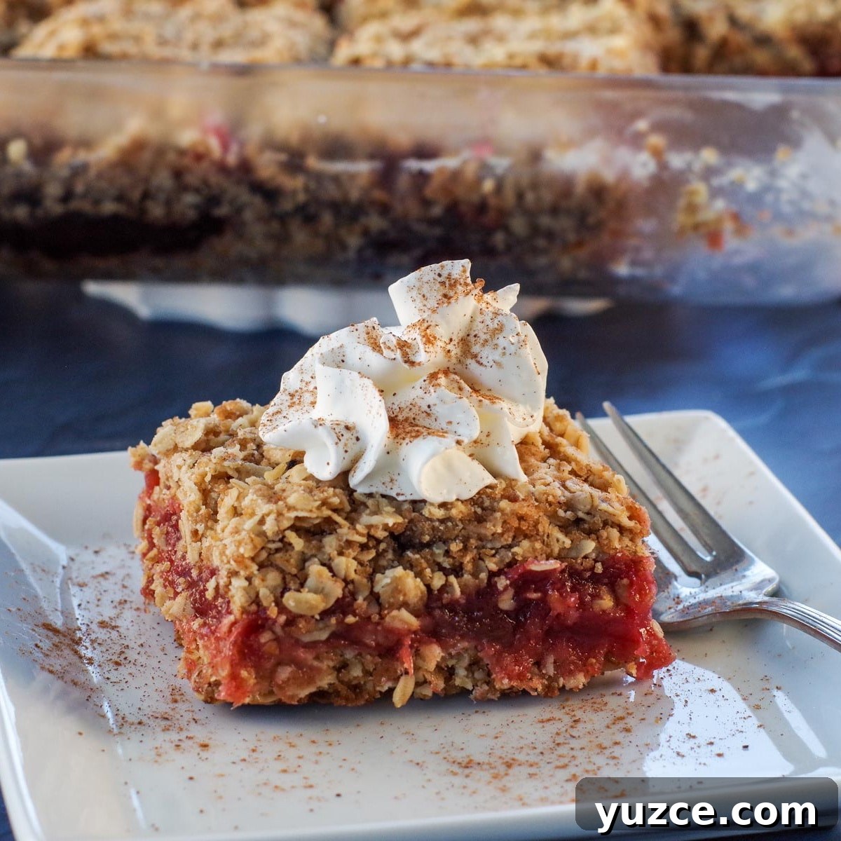 Brown Sugar Oatmeal Cookies with Tangy Rhubarb 3 rhubarb square on a white plate, with glass dish of more rhubarb squares in the background